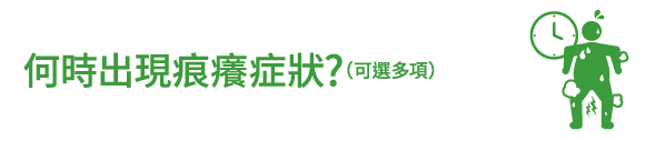 何時出現痕癢症狀?（可選多項）