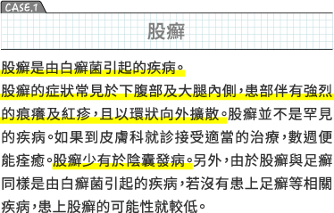 CASE1 股癬　股癬是由白癬菌引起的疾病。股癬的症狀常見於下腹部及大腿內側，患部伴有強烈的痕癢及紅疹，且以環狀向外擴散。股癬並不是罕見的疾病。如果到皮膚科就診接受適當的治療，數週便能痊癒。股癬少有於陰囊發病。另外，由於股癬與足癬同樣是由白癬菌引起的疾病，若沒有患上足癬等相關疾病，患上股癬的可能性就較低。